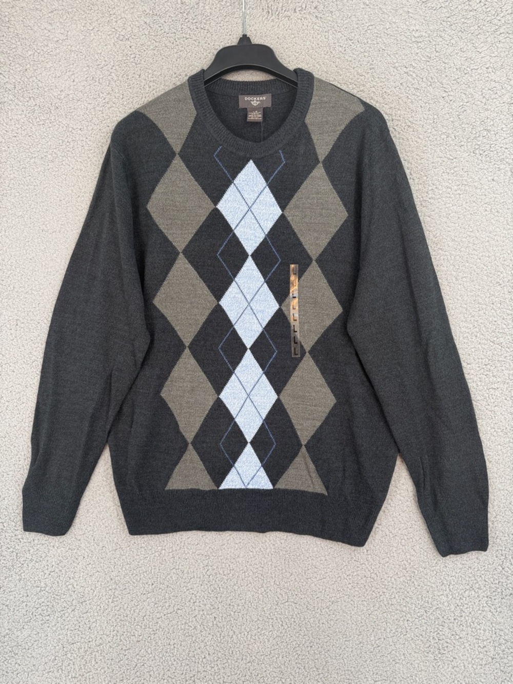 Dockers Galaxy Men’s Large long sleeve crew neck sweater Argyle Charcoal & Blue